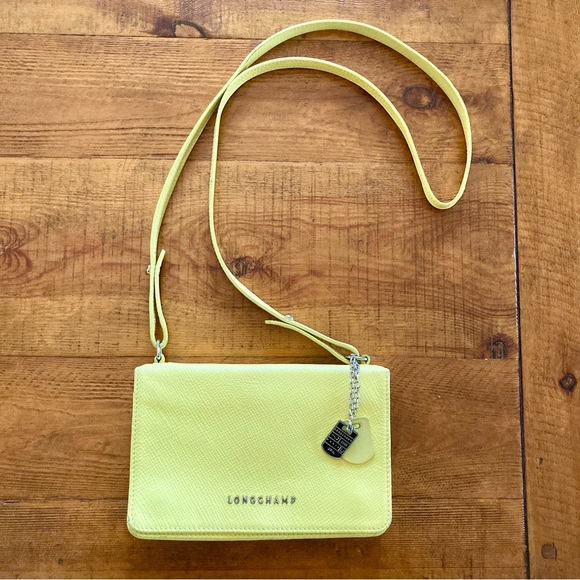 Longchamp Yellow Leather Flap Crossbody Bag Purse Crosshatched 8"W x 5"H x 1.5"D - Picture 2 of 16